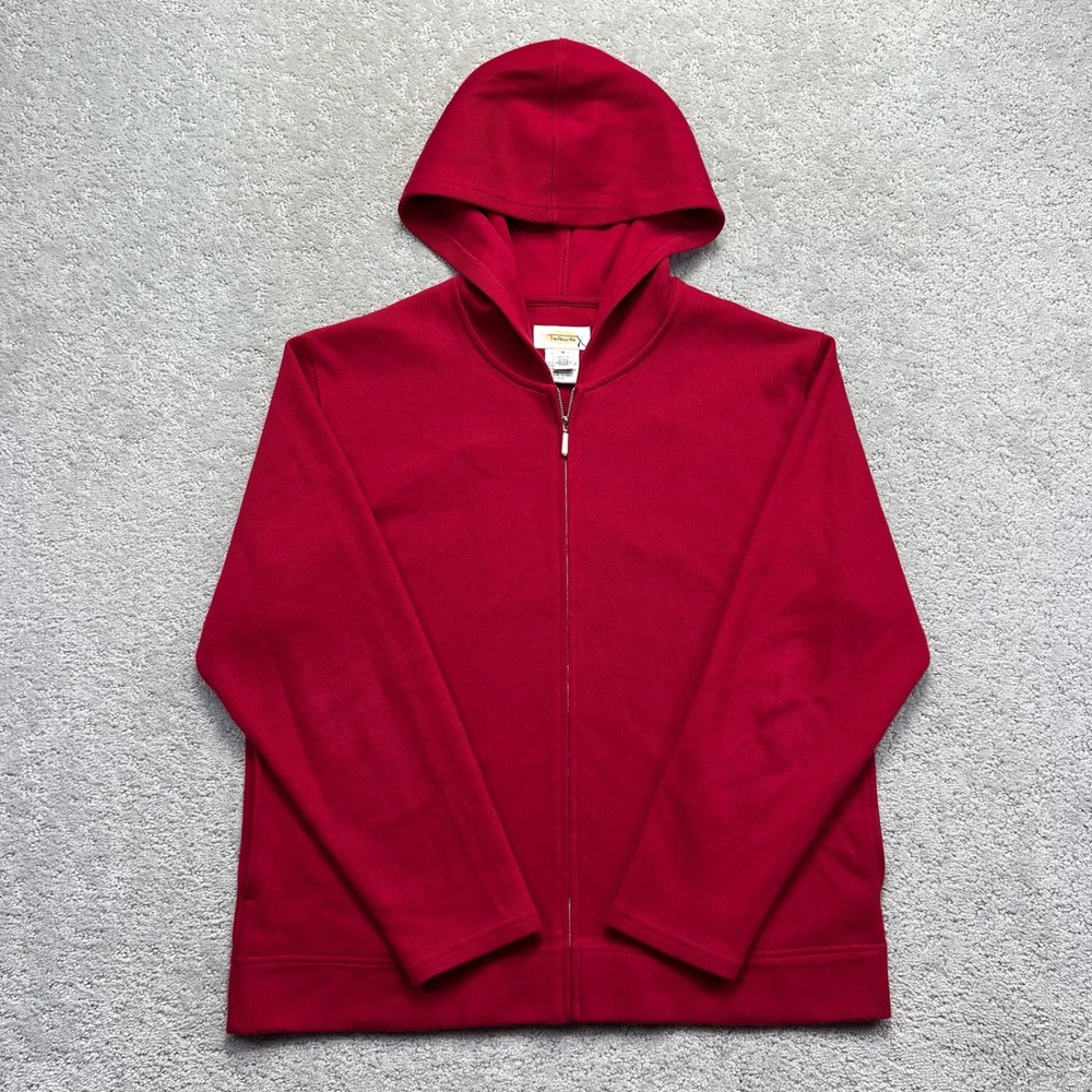 VINTAGE Talbots Hoodie Hoodie Womens Medium Red 100% Cotton Ribbed Knit Full Zip